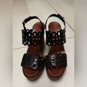 Tory Burch black patent leather cork wedge